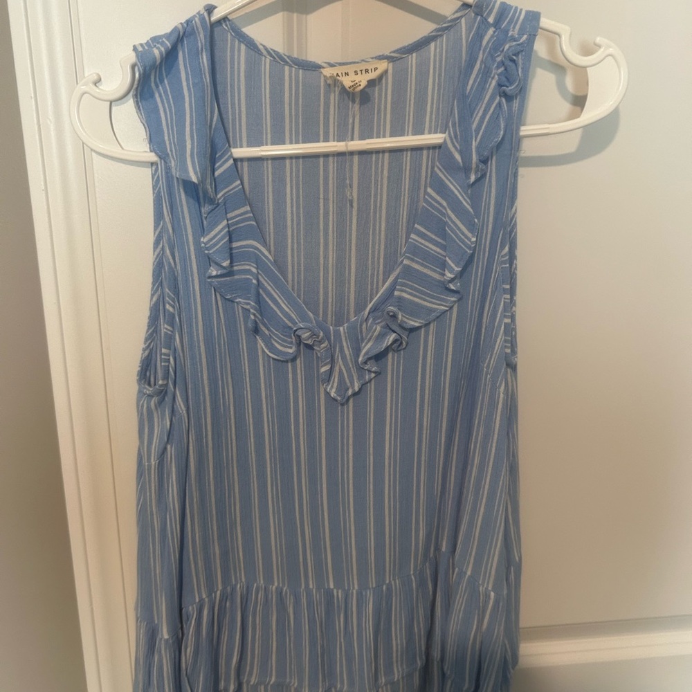 Main Strip Blue and White Striped Ruffle V-Neck Camisole
